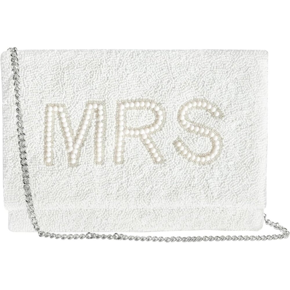 Mrs White Beaded Canvas Clutch Purse for Wedding & Bachelorette Gift